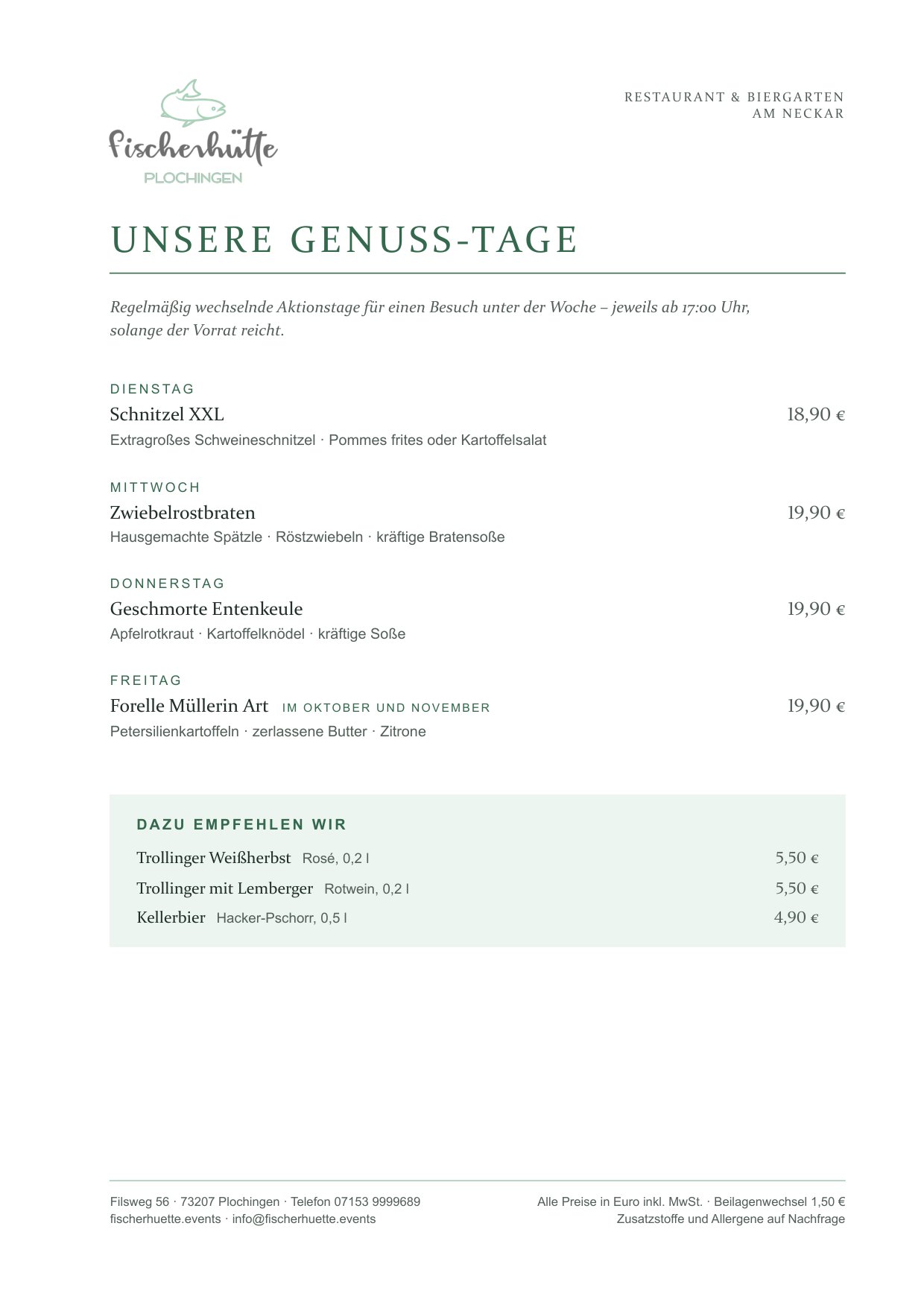 Herbstkarte Fischerhütte Plochingen, Seite 1 von 11: Unsere Genuss-Tage